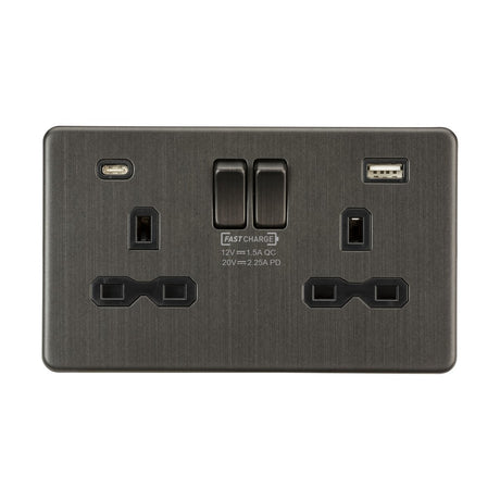 The 13A 2 Gang DP Switched Socket in Smoked Bronze includes two UK outlets, a high-power USB-C, dual USB ports, and switches. It features text highlighting fast charging capabilities and comes with a black insert and screwless design.