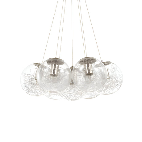 The Lyria 7 Light Cluster Pendant - Nickel is a contemporary interior lighting fixture that showcases multiple clear glass globes suspended by delicate wires. Featuring intricate wire-like structures inside, it exudes a modern and artistic charm. Its sleek nickel finish further enhances the stunning spherical cluster design of this pendant light.