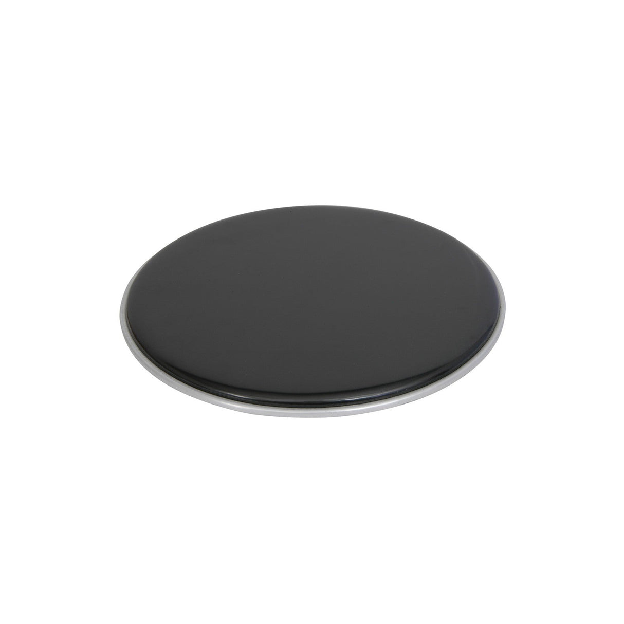 The Chord Drum Head - Black - 8 Inch is a round object with a smooth, glossy surface and a metallic edge, similar to those used for drum heads. It appears to function as a lid or coaster, positioned on a plain white background.