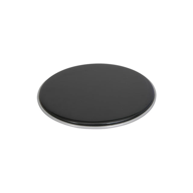 The Chord Drum Head - Black - 8 Inch is a round object with a smooth, glossy surface and a metallic edge, similar to those used for drum heads. It appears to function as a lid or coaster, positioned on a plain white background.
