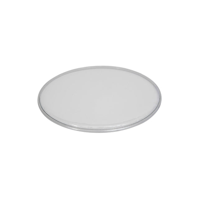 Displayed against a plain white background is the Chord Drum Head - Clear - 14 Inch, featuring a smooth, transparent surface with a slight reflective shine on its edge, reminiscent of a round glass disc or lens.