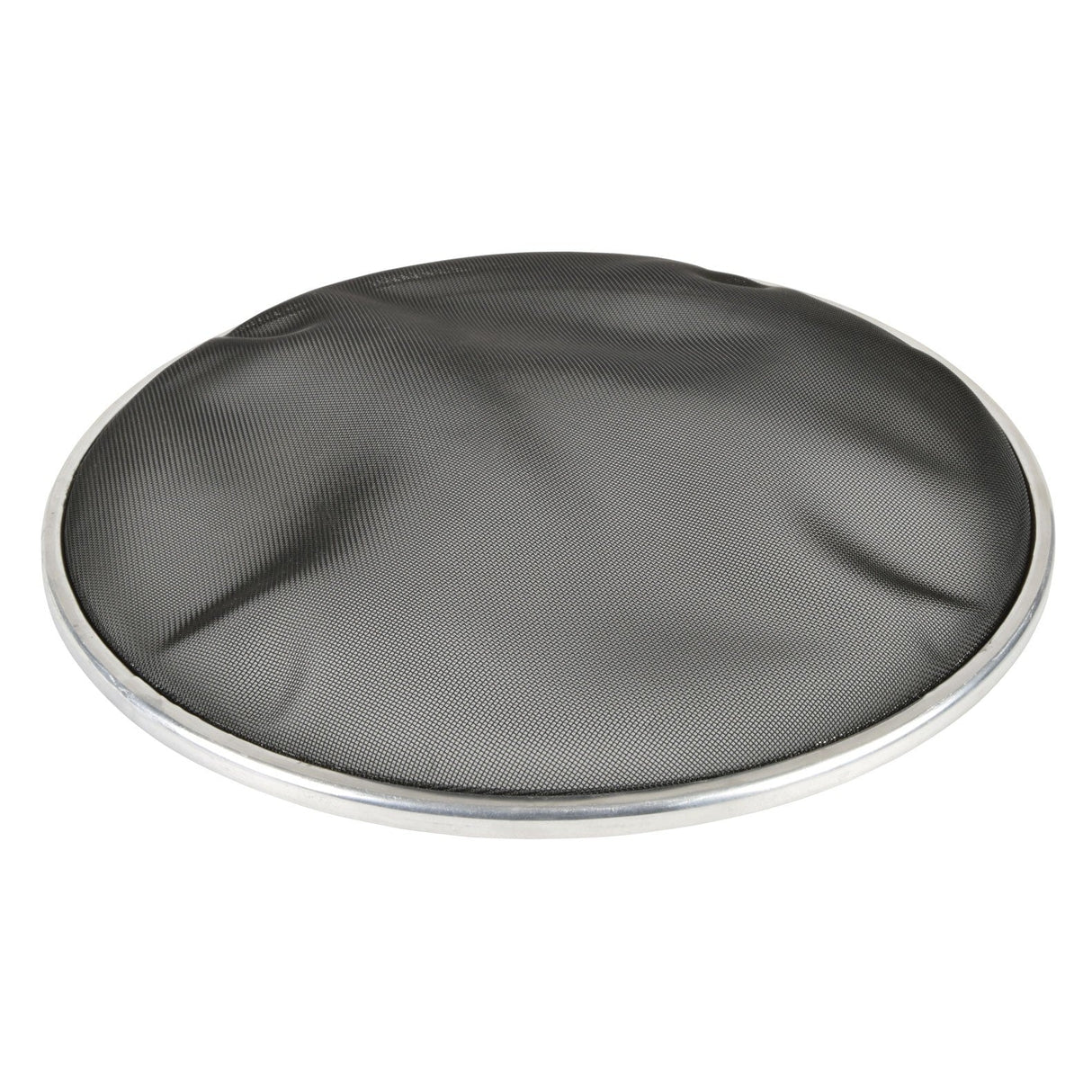 A round black Chord Drum Head with a fine mesh surface and a silver metallic rim, designed to cover pans and prevent splatters while cooking.
