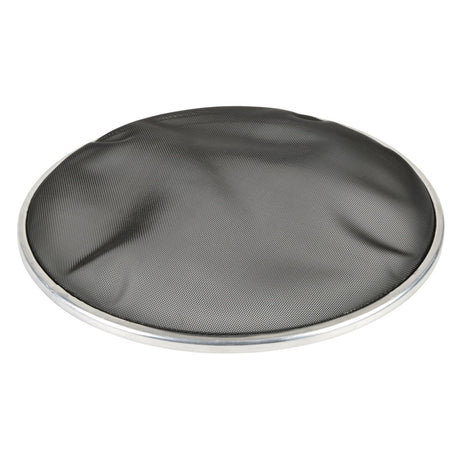 A round black Chord Drum Head with a fine mesh surface and a silver metallic rim, designed to cover pans and prevent splatters while cooking.