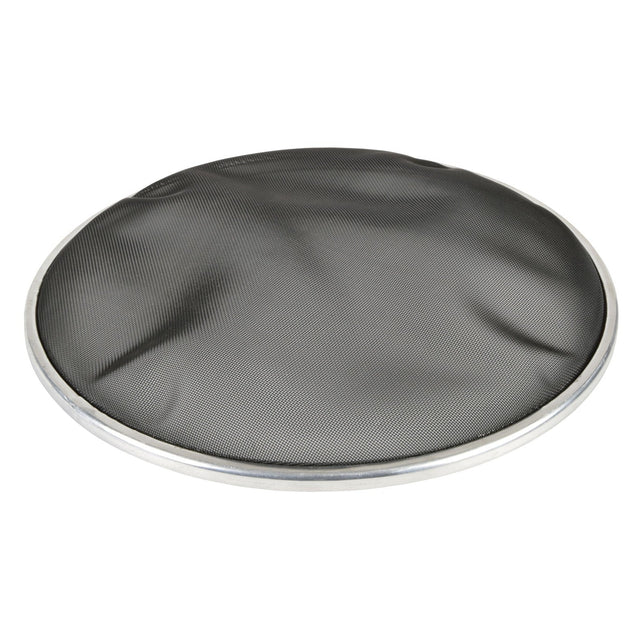 A round black Chord Drum Head with a fine mesh surface and a silver metallic rim, designed to cover pans and prevent splatters while cooking.