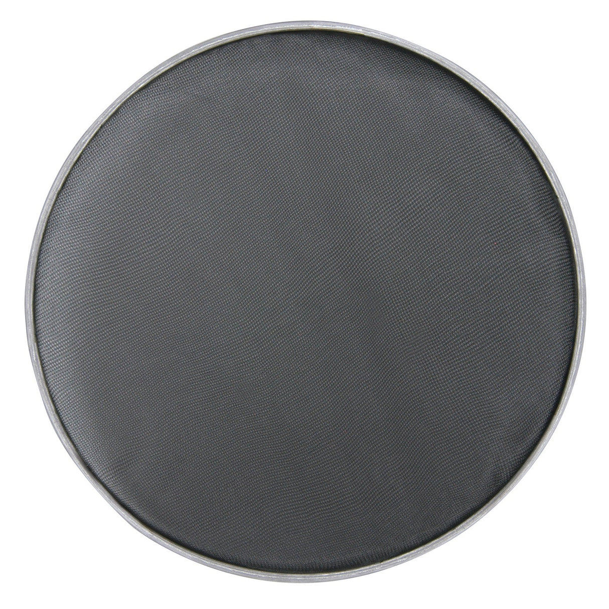 The Chord Drum Head - Mesh - 14 Inch features a round, silver metal frame that encircles a refined black nylon mesh surface, reminiscent of professional drum heads. Its design mirrors the sleek style of electronic kits, with a striking contrast between the silver frame and dark mesh center.
