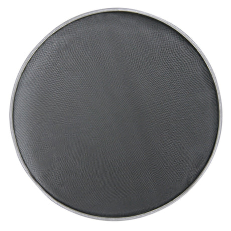 The Chord Drum Head - Mesh - 14 Inch features a round, silver metal frame that encircles a refined black nylon mesh surface, reminiscent of professional drum heads. Its design mirrors the sleek style of electronic kits, with a striking contrast between the silver frame and dark mesh center.