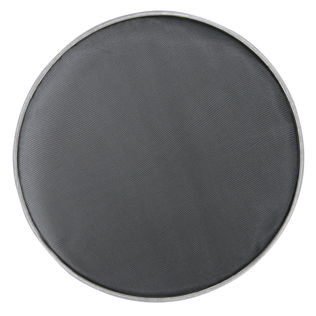 The Chord Drum Head - Mesh - 14 Inch features a round, silver metal frame that encircles a refined black nylon mesh surface, reminiscent of professional drum heads. Its design mirrors the sleek style of electronic kits, with a striking contrast between the silver frame and dark mesh center.