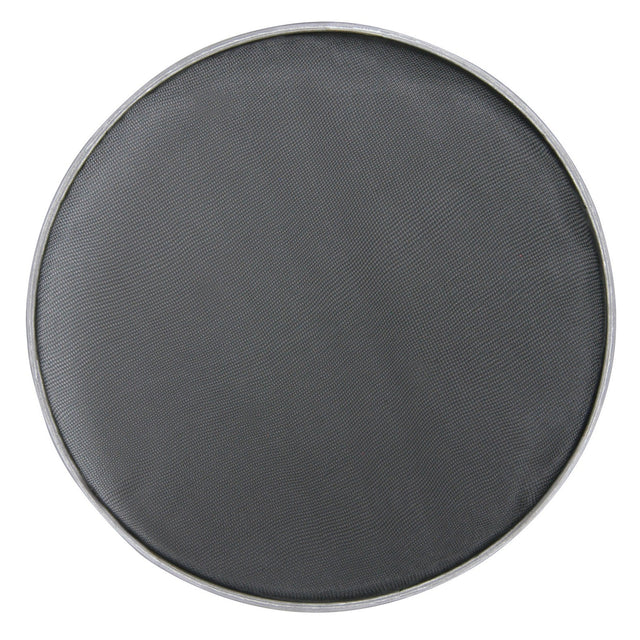 A close-up of the Chord Drum Head - Mesh - 18 Inch, featuring a round, black nylon mesh with a metal rim, evokes the intricate design of drum heads. The white background highlights its structured and circular shape, reminiscent of components in electronic kits.
