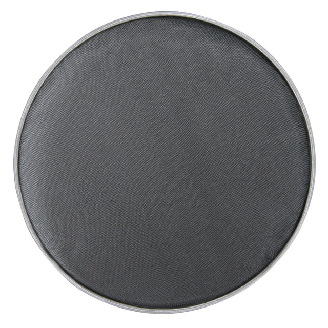 A top view of the Chord Drum Head - Mesh - 20 Inch, featuring a round, metal frame with black nylon mesh that resembles a cooking splatter screen.