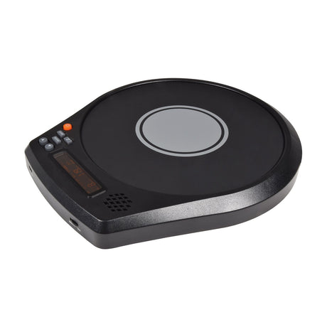 Chord DP-2 digital drum practice pad by AVSL in matte black with grey strike zone, LCD screen, control buttons, speaker grille and USB-C port.