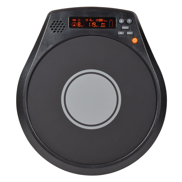 The Chord Digital Drum Practice Pad is a black, circular electronic drum pad designed for rhythm training. It includes an orange digital display as well as buttons for mode, start/stop, and additional functions, all set against a plain white background.