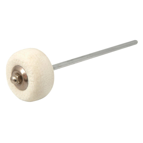 A small, felt drum beater with a metal spindle that resembles a polishing wheel, designed for use in rotary tools to polish or buff surfaces.