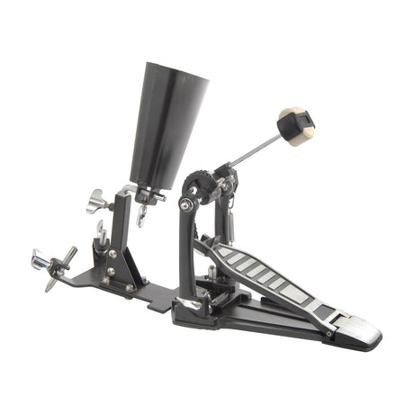 Chord KP11 kick drum pedal by AVSL with cast black frame, chain drive, quad beater and mounted black cowbell on a plain white background.