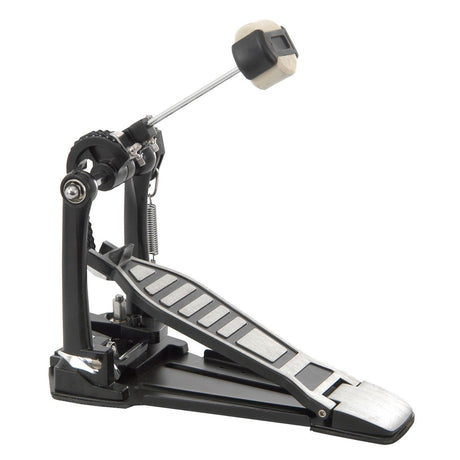 Introducing the Chord KP11 Kick Drum Pedal: This single pedal, specifically engineered for percussion instruments, includes a quad beater. It is designed with a metal footboard and incorporates a spring mechanism. The pedal is displayed at an angle to clearly highlight its components against a white background.