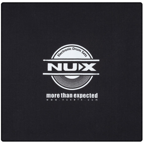 Square black NU-X Heavy Duty Drum Rug with central white NUX logo, "Electronic Drum Sets" text, and "more than expected" tagline.