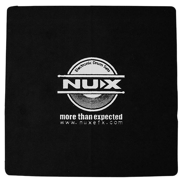 The NU-X Drum Rug - NU-X Branded is a black mat equipped with slipping protection. It showcases the NUX logo in white, with "Electronic Drum Set" above and "more than expected" below. Additionally, the heavy-duty rug features the website URL www.nuxefx.com at the bottom.