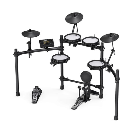 NU-X DM-210 Mesh-Pad Digital Drum Kit with four mesh pads, three cymbals, kick and hi-hat pedals, and sound module on a black rack stand.