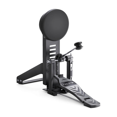 NU-X DM-210 kick drum pedal assembly with black mesh pad, chain-drive footboard and metal bracket, shown on a plain white background.