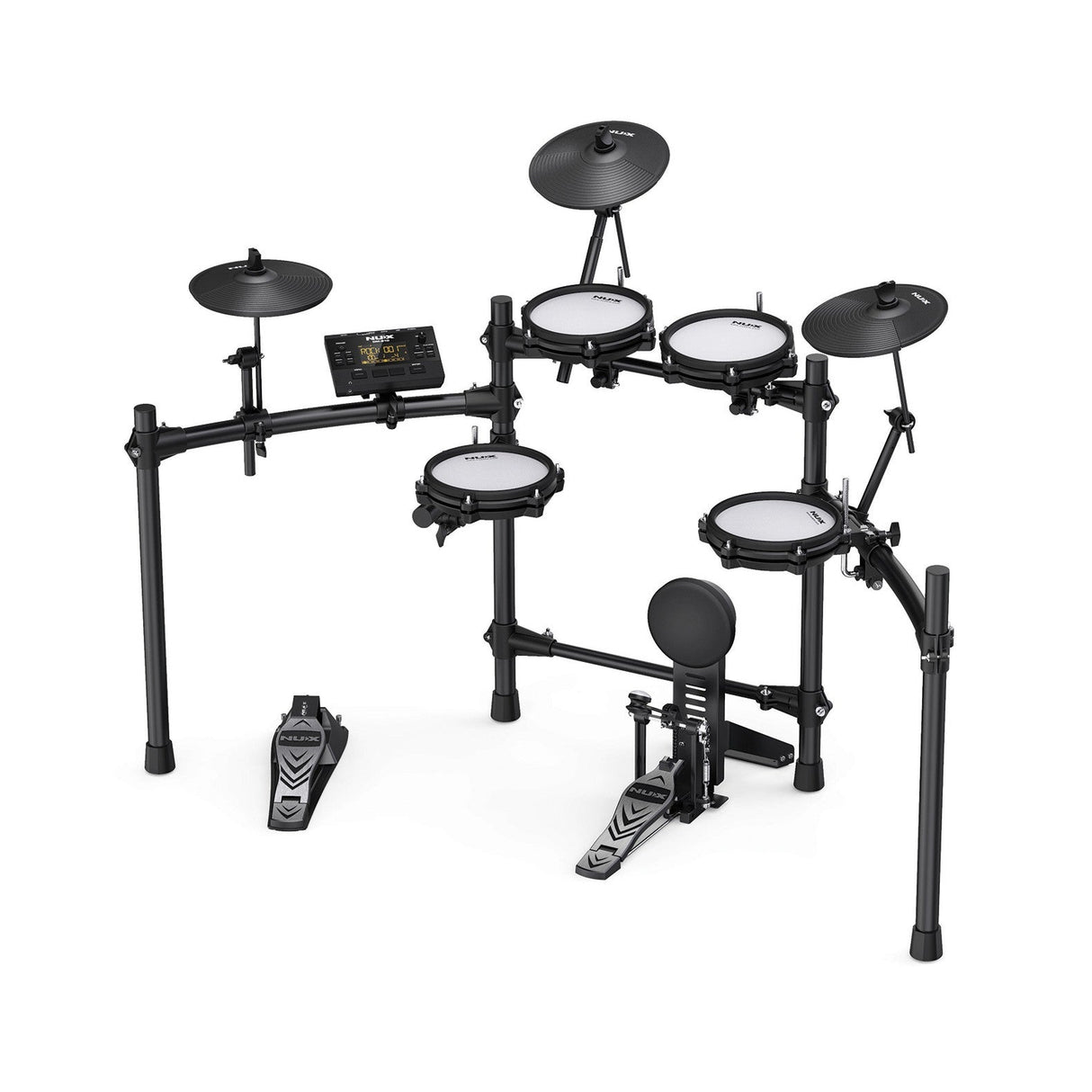 The NU-X DM-210 Digital Drum Kit is configured with mesh drum pads on a sleek black frame, equipped with various cymbals and foot pedals. A sound module is integrated into the frame to deliver a dynamic performance experience. This kit comes complete with a hi-hat, crash, ride cymbal, snare, toms, and bass drum for versatile play.