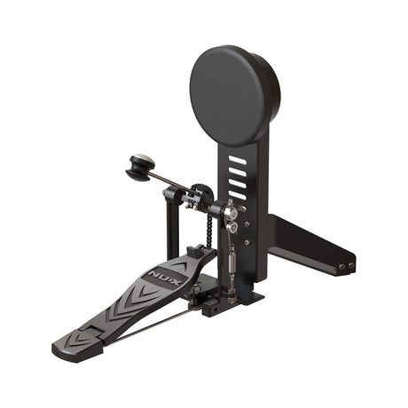 NU-X DM-210 kick drum trigger pad with round black trigger on upright stand and matching chain-drive kick pedal, shown on a plain white background.