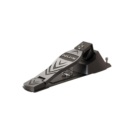 NU-X DM-210 Hi-Hat Pedal Trigger for electronic drums, matte black footboard with brushed metal plate, visible spring and 6.3mm jack, on a white background.