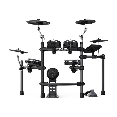 NU-X DM-7X digital drum kit with mesh-head snare and toms, hi-hat, crash and ride cymbals on a black rack with kick and hi-hat pedals.