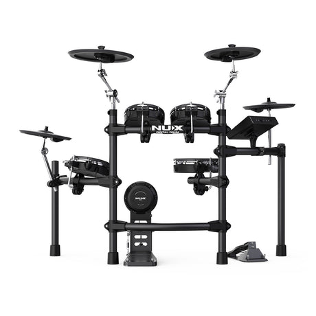 Introducing the NU-X DM-7X Digital Drum Kit, featuring a sleek black frame with multiple velocity-sensitive drum pads and cymbals. The bass drum pad prominently displays the NUX logo alongside the central pads. Enhanced with Remo mesh heads for superior responsiveness, this kit includes pedals positioned at the base for an optimal drumming experience.