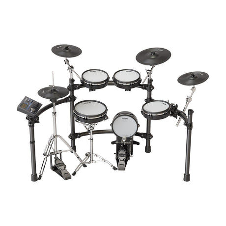 NU-X DM-8 digital drum kit with Remo mesh heads on a curved black rack, featuring snare, three toms, kick pad, hi-hat, two crashes, ride and control module.