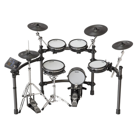 This image features the NU-X DM-8 Digital Drum Kit, equipped with full mesh heads for enhanced drumming responsiveness. The kit comprises five drum pads, three cymbal pads, and a hi-hat, all mounted on a robust black metal frame with a user-friendly digital control panel conveniently located on the left.