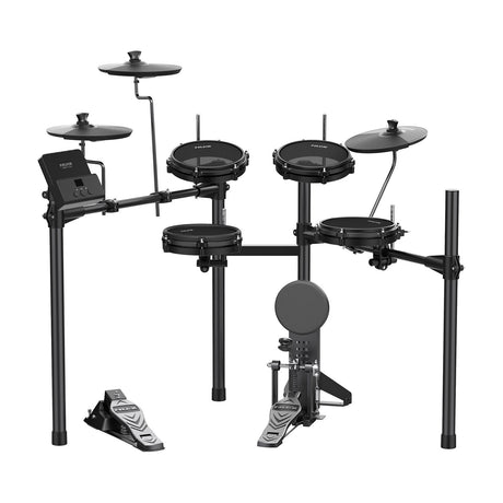 NU-X DM-110 Mesh Head Electronic Drum Kit with snare, three toms, hi-hat, crash and ride cymbals, kick pad, pedals and sound module on a black frame.