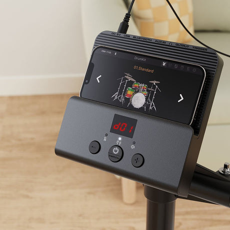 NU-X DM-110 electronic drum kit sound module by AVSL with LED display showing d01, control buttons, rear ports, and a smartphone running the Drum Touch app.