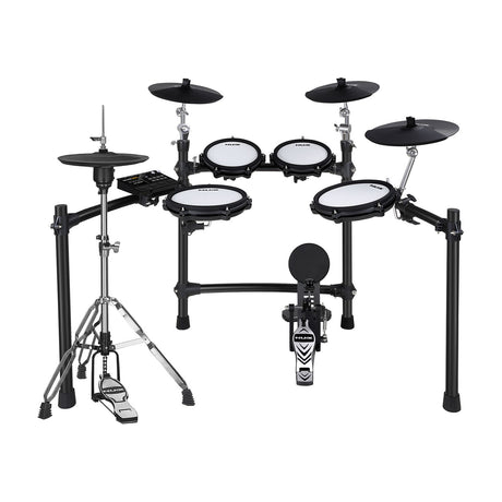 NU-X DM-310H Mesh-Pad Digital Drum Kit with black rack, four mesh drum pads, three cymbals, hi-hat stand, kick pedal and control module on white.
