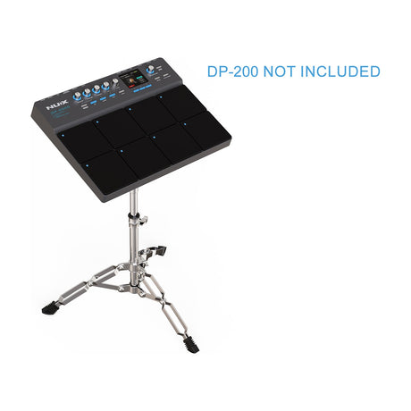 NU-X DPS-1 double-braced chrome tripod percussion pad stand holding a DP-2000 pad, shown on a plain white background with a "DP-200 not included" note.