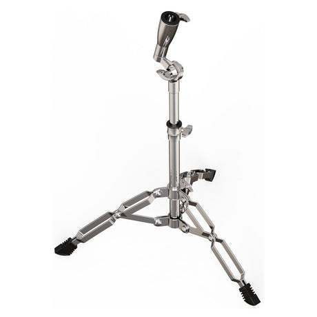 Introducing the NU-X DPS-1 Drum Stand For DP-2000: This sleek, silver stand boasts three sturdy, adjustable legs with rubber feet for enhanced stability. It features telescopic adjustment and includes a mount specifically designed to secure a drum or percussion pad. Engineered for durability, the stand offers precise height customization.