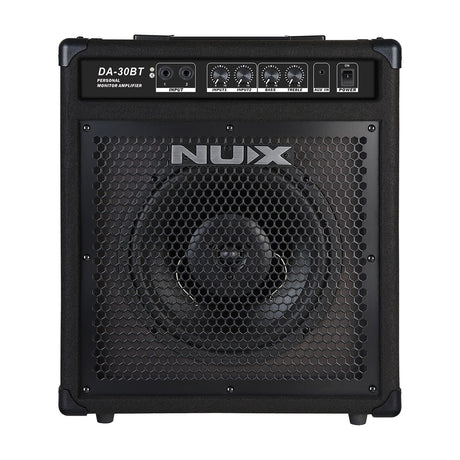 NU-X DA-30BT 30W Bluetooth personal monitor amplifier in black with top-mounted input, volume, bass, treble and aux controls above a mesh-grille speaker.