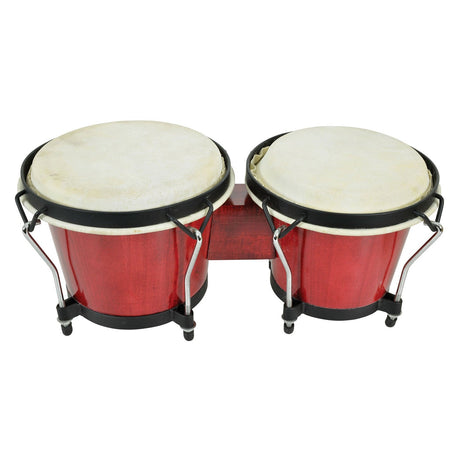 A set of Chord Bongos in red, featuring white drumheads and sleek chrome hardware, connected by a wooden bridge.