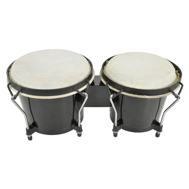 The Chord Bongos With Carry Bag in black feature a pair of black drums with white drumheads, connected by a metal bracket showcasing elegant chrome hardware.