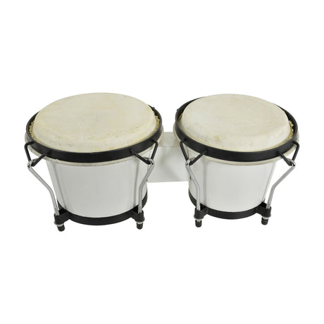 Chord BG67-WH bongos in white gloss finish with natural skin heads and chrome tension rods, pairing 6.5" and 7.5" drums on a plain background.