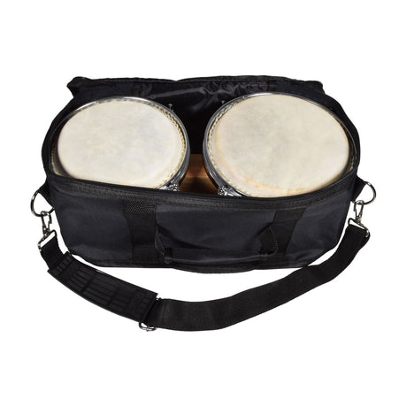 Chord BG67-WH bongos with chrome hardware seated inside an open black padded carry bag with adjustable shoulder strap, on a white background.