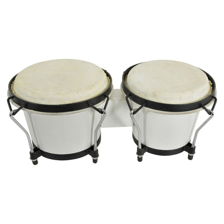 A set of Chord Bongos in white, featuring chrome hardware and black rims, connected by an elegantly designed white wooden stand on a white background.