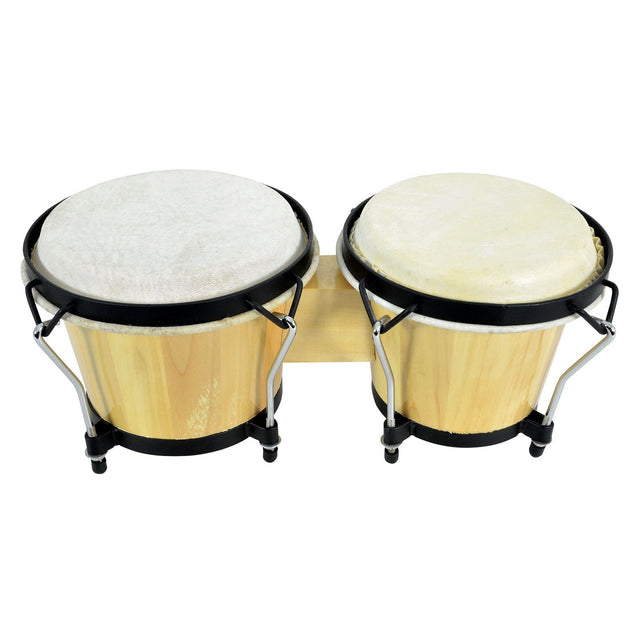 Introducing the Chord Bongos With Carry Bag - Natural, featuring a stylish set of wooden drums with white drumheads, elegantly connected by a sleek wooden bridge. The bongos boast black hardware and metal tuning lugs. Captured from a front angle, the image showcases the natural wood grain and glossy finish, making it perfect for musicians on the move with its convenient carry bag included.