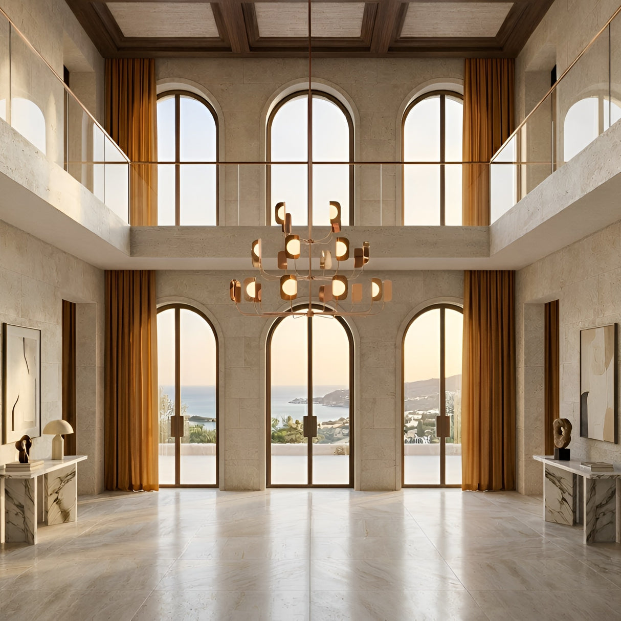 A grand, modern interior with tall arched windows and marble floors features the Petal 24 Light Chandelier in Copper, golden curtains, minimalist decor, and offers ocean and hill views at sunset.
