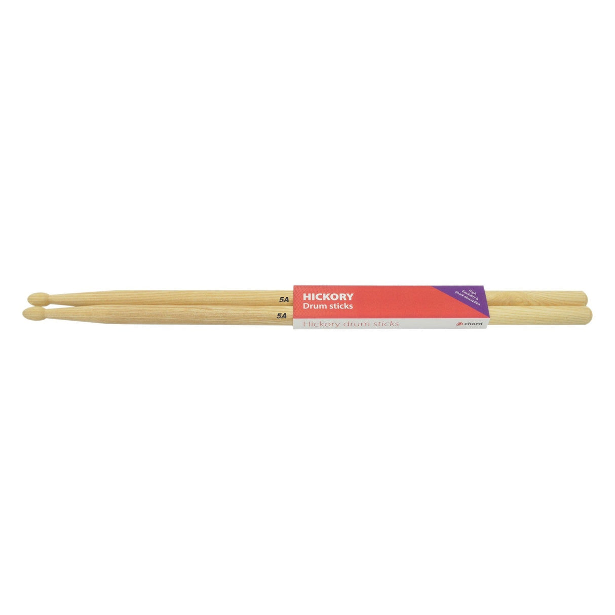 A set of Chord Hickory Sticks 5AW is presented with nylon tips and packaged in a red and purple label, featuring the text "Hickory Drum Sticks." The light wooden drumsticks, classified as 5A, are displayed side by side.