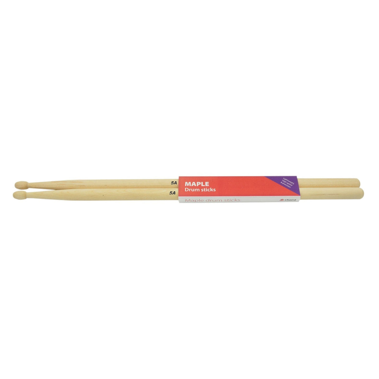 The Chord Maple Sticks 5AW - Pair are lightweight wooden drumsticks with rounded tips, laid side by side. They feature a red and purple label wrapped around them displaying "Maple Drum Sticks" and "5A" in white text, designed for speed and precision.