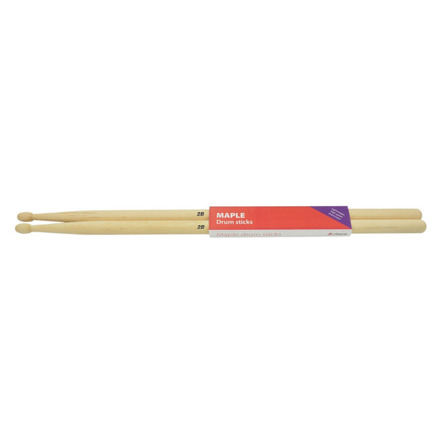 A pair of Chord Maple Sticks 2BW is placed side by side, secured with a label in red and purple that reads "MAPLE Drum sticks." The lightweight design prominently displays the 2B size indication.