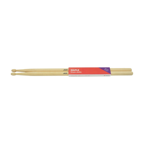 Chord MJAZ Maple Jazz Drum Sticks pair with wood tips and natural maple finish, shown with red and purple branded packaging sleeve on a white background.