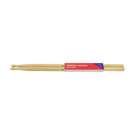 Chord H7AWC compact pair of 7A hickory drum sticks with wood tips, shown in branded red and purple packaging on a plain white background.
