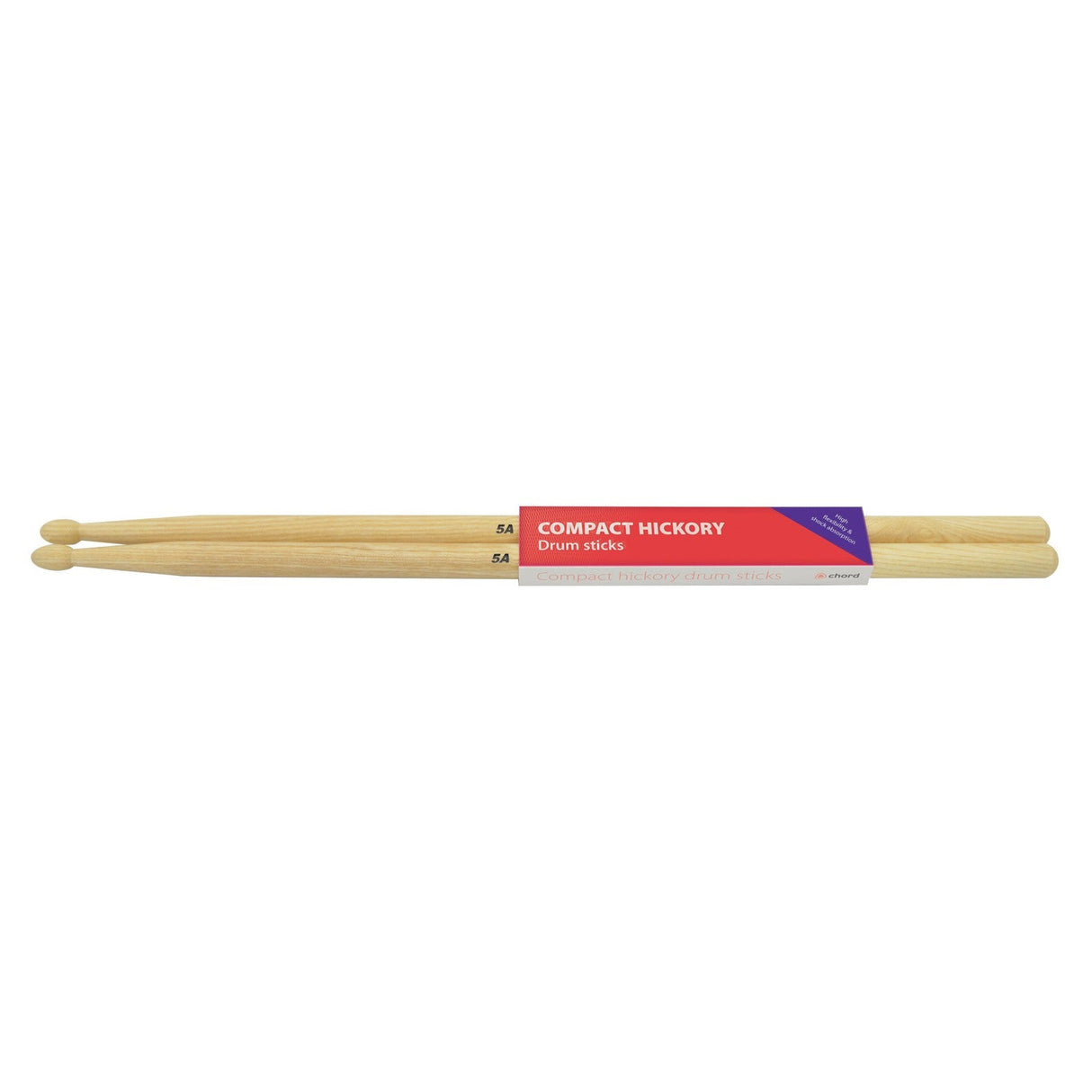 A pair of wooden drumsticks with rounded wood tips are wrapped together in a label reading "Chord Compact Hickory Sticks 5A|W - Pair," featuring a design in red, blue, and white colors.