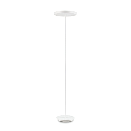 The Nobe Floor Lamp - White showcases minimalist design through its slim silhouette, circular base, and round flat top. This piece embodies modern sophistication, effortlessly integrating into contemporary settings with its sleek and stylish profile.