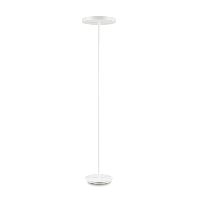 The Nobe Floor Lamp - White showcases minimalist design through its slim silhouette, circular base, and round flat top. This piece embodies modern sophistication, effortlessly integrating into contemporary settings with its sleek and stylish profile.